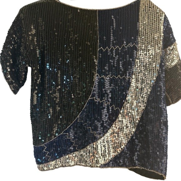 Silk Sequin Black and Blue Women's Top- Medium - Picture 3 of 3